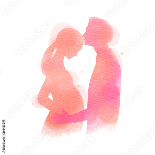 Pregnant woman with her husband silhouette plus abstract watercolor painted. A man kissing his wife. Digital art painting.