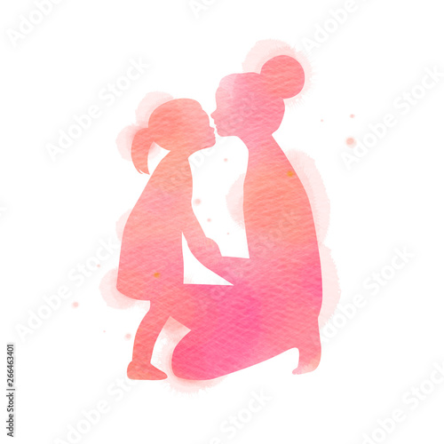 Happy mother's day. Side view of Happy mom with daughter  silhouette plus abstract watercolor painted.Happy  mother's day. Double exposure illustration. Digital art painting. Vector illustration.