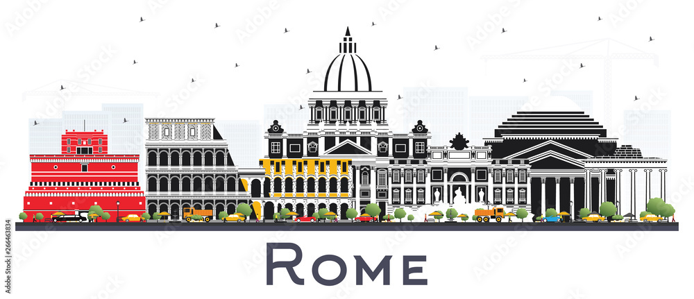 Rome Italy City Skyline with Color Buildings Isolated on White.