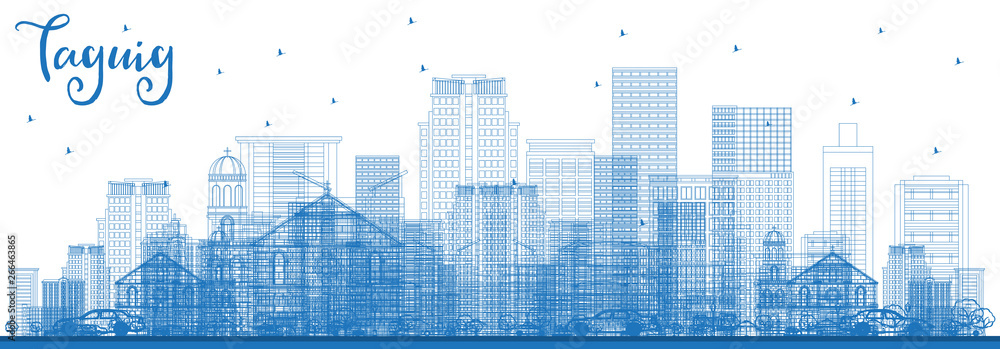 Outline Taguig Philippines Skyline with Blue Buildings.