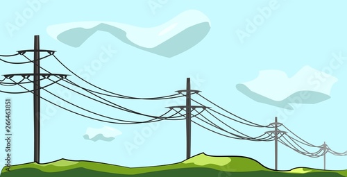 Electric poles with wires in the open air under the sky and clouds