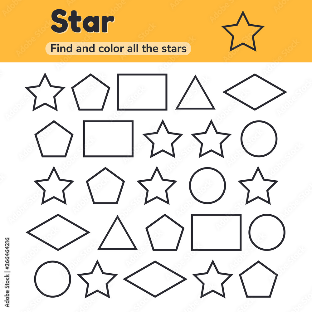 vector illustration educational worksheet for kids kindergarten preschool and school age geometric shapes star triangle pentagon circle rhombus rectangle find and color stock vector adobe stock