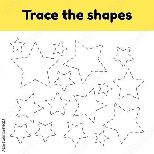 Vector illustration. Educational tracing worksheet for kids kindergarten, preschool and school age. Trace the geometric shape.  Dashed lines. Star.