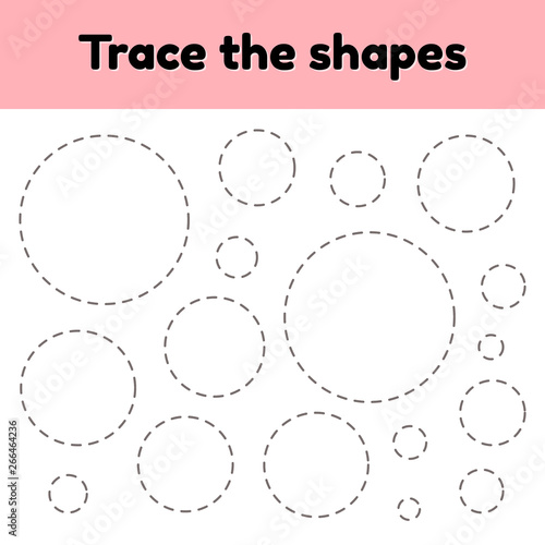 Vector illustration. Educational tracing worksheet for kids kindergarten, preschool and school age. Trace the geometric shape.  Dashed lines. Circle.