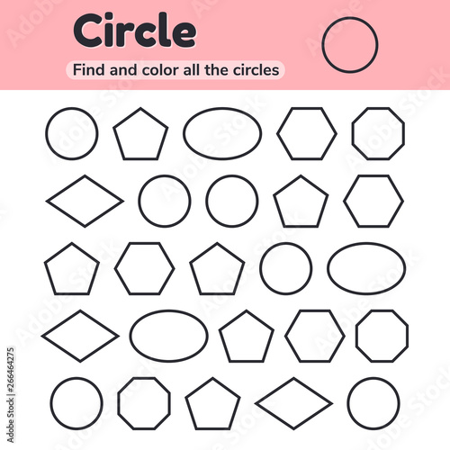 Vector illustration. Educational worksheet for kids kindergarten, preschool and school age. Geometric shapes. Circle, oval, pentagon, hexagon, octagon, rhombus. Find and color.