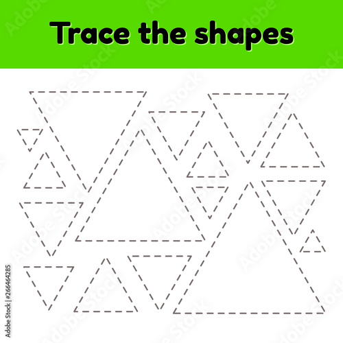 Vector illustration. Educational tracing worksheet for kids kindergarten, preschool and school age. Trace the geometric shape.  Dashed lines. Triangle.