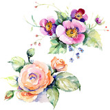 Pink rose bouquet loral botanical flowers. Watercolor background set. Isolated bouquets illustration element.