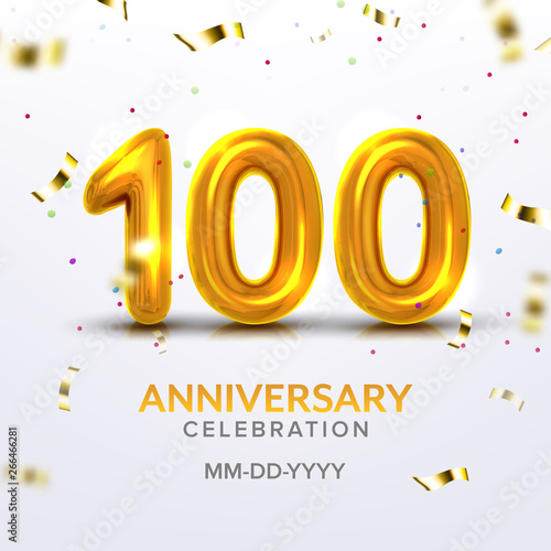 Hundredth Anniversary Celebration Number Vector. Template Of Invitation Postcard On Centenary Jubilee Of Birthday Decorated Golden Number Hundred And Flying Colorful Tinsel. Illustration