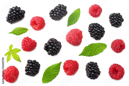 blackberries with raspberries and green leaf isolated on white background. top view