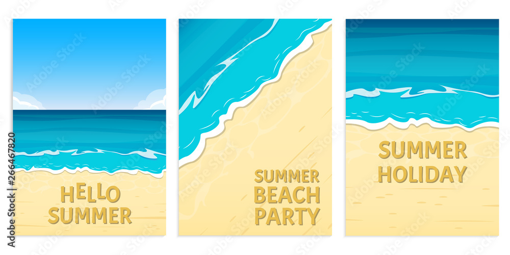 Hello summer, Beach party and Summer holiday banners with sea or ocean and sandy beach. Travel and vacation background template. Vector illustration.