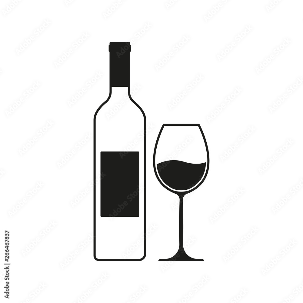 Wine bottle with wine glass icon or silhouette. Alcohol symbol. Vector  illustration. Stock Vector | Adobe Stock