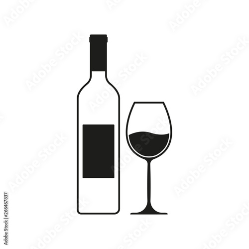 Wine bottle with wine glass icon or silhouette. Alcohol symbol. Vector illustration.