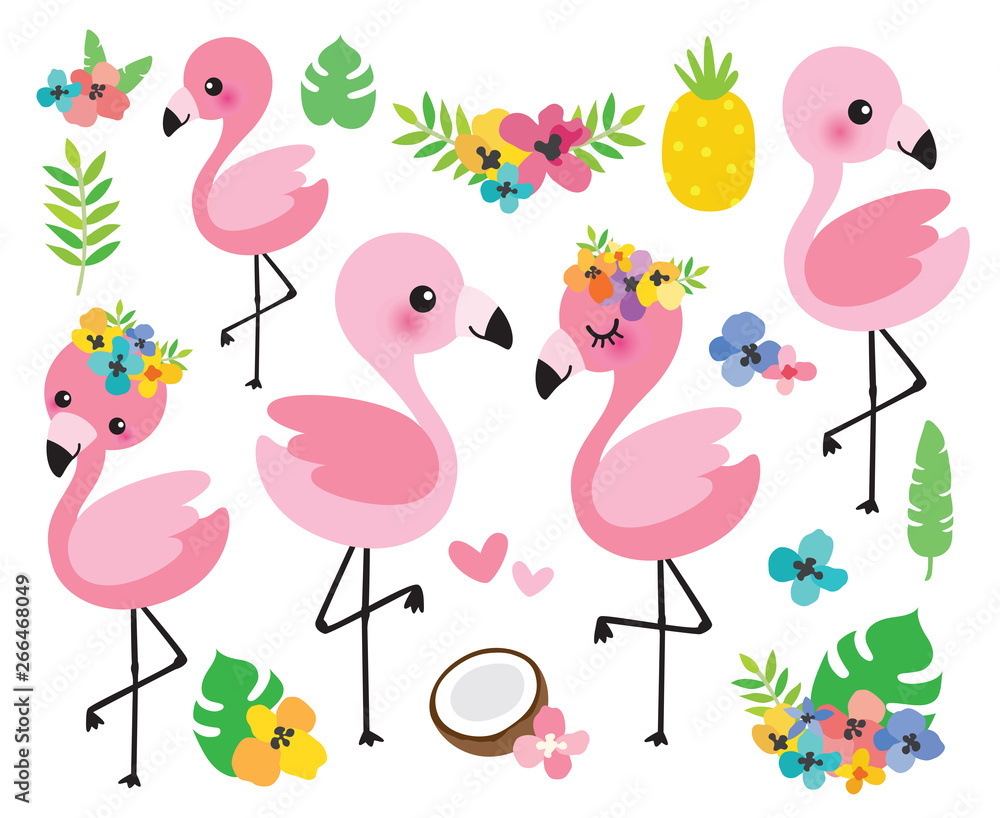 Vector illustration cute baby flamingos with tropical flowers and palm leaves.