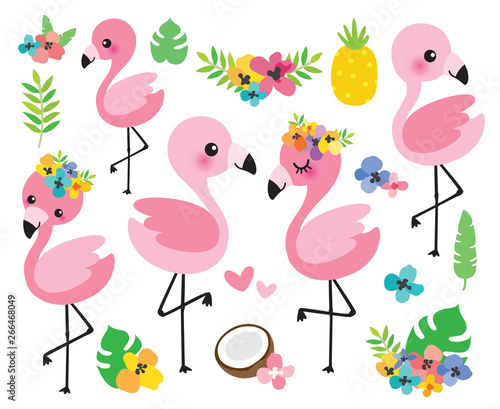 Vector illustration cute baby flamingos with tropical flowers and palm leaves.