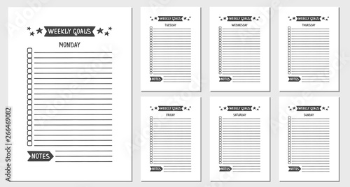 Weekly Goals. Vector Template for Agenda, Planner and Other Stationery. Printable Organizer for Study, School or Work. Objects Isolated on White Background.