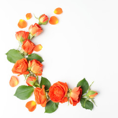 Framework from orange roses on white background. Flat lay. Top view