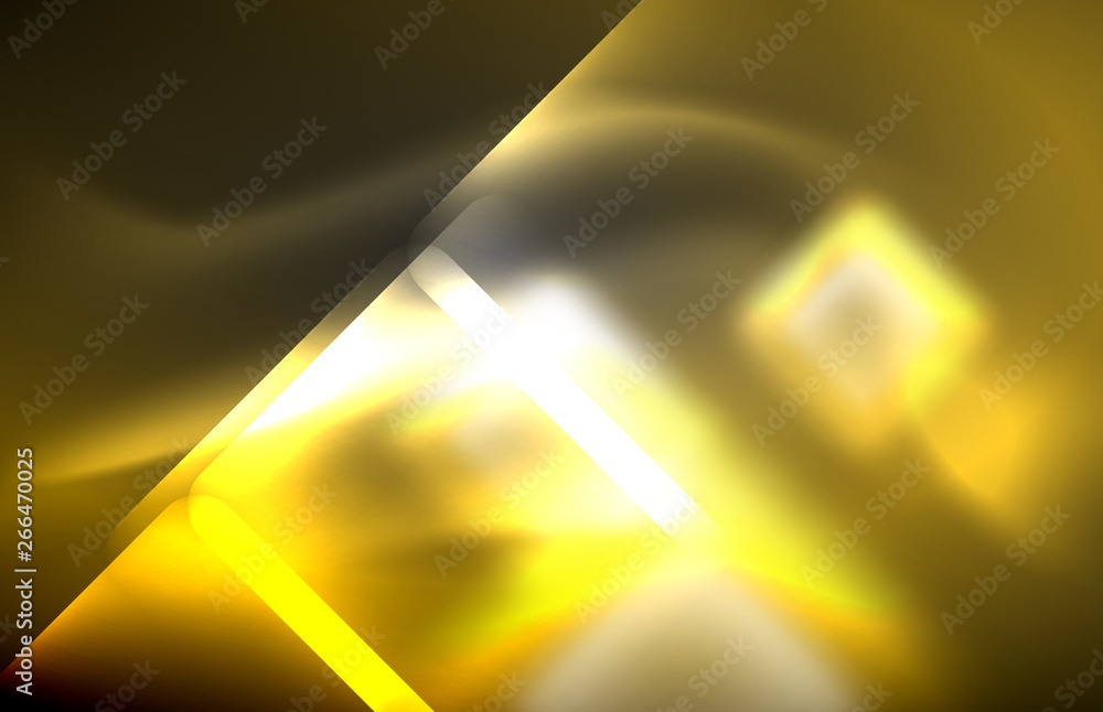 Neon square and line lights on dark background with blurred effects