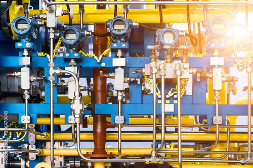 Complex control system of gas equipment. Many pipelines, sensors and digital pressure gauges