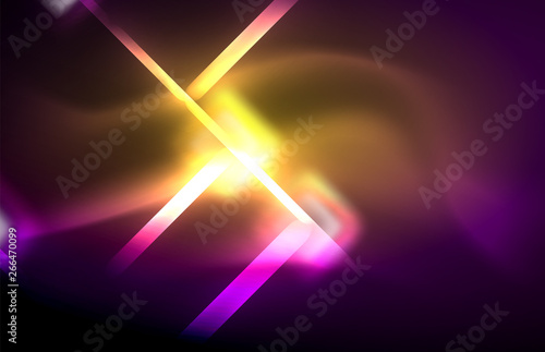 Neon square and line lights on dark background with blurred effects