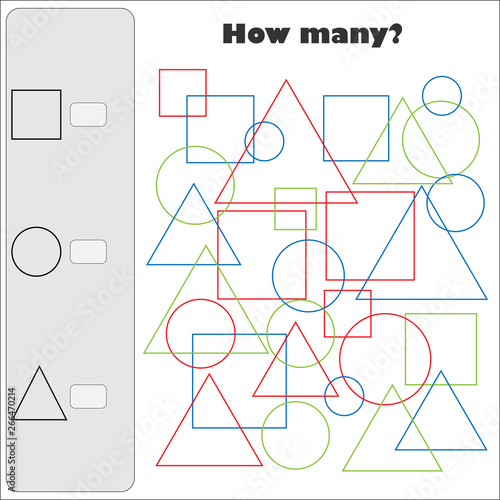 Photographie How many counting game with color simple geometric shapes for kids, educational