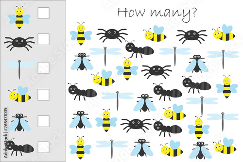 How many counting game with insects for kids, educational maths task for the development of logical thinking, preschool worksheet activity, count and write the result, vector illustration © Lunnaya