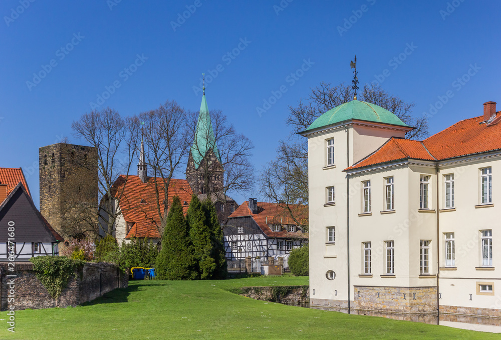 Towers of the castle and church in the Old Village of Westerholt, Germany Towers of the castle and church in the Old Village of Westerholt, Germany