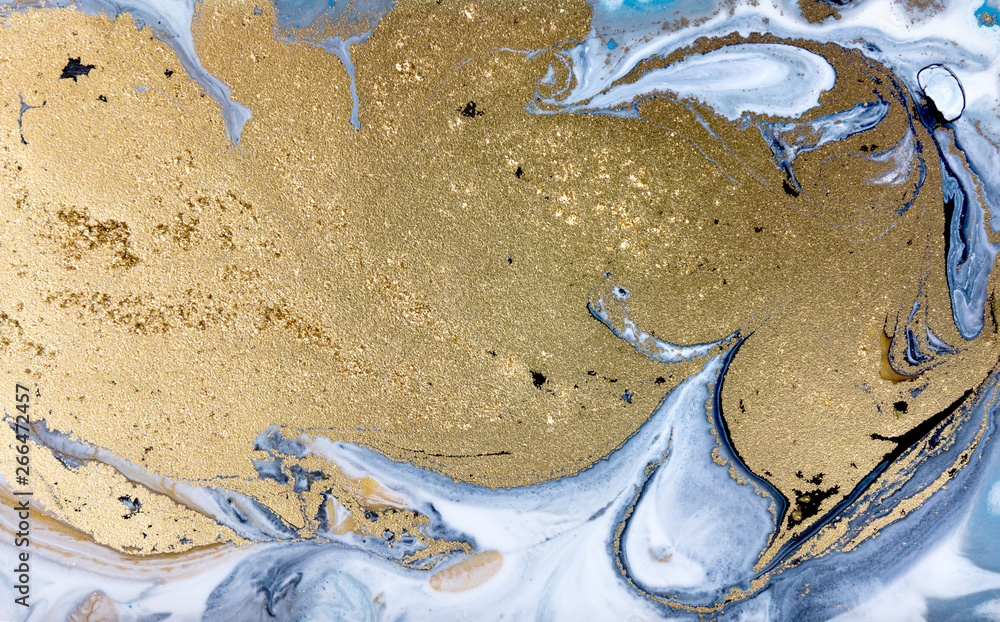 Obraz premium Blue marbling pattern. Golden marble liquid texture.