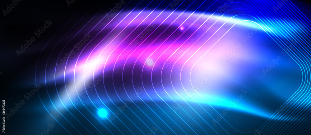 Neon glowing techno lines, hi-tech futuristic abstract background template with square shapes Neon glowing techno lines, hi-tech futuristic abstract background template with square shapes