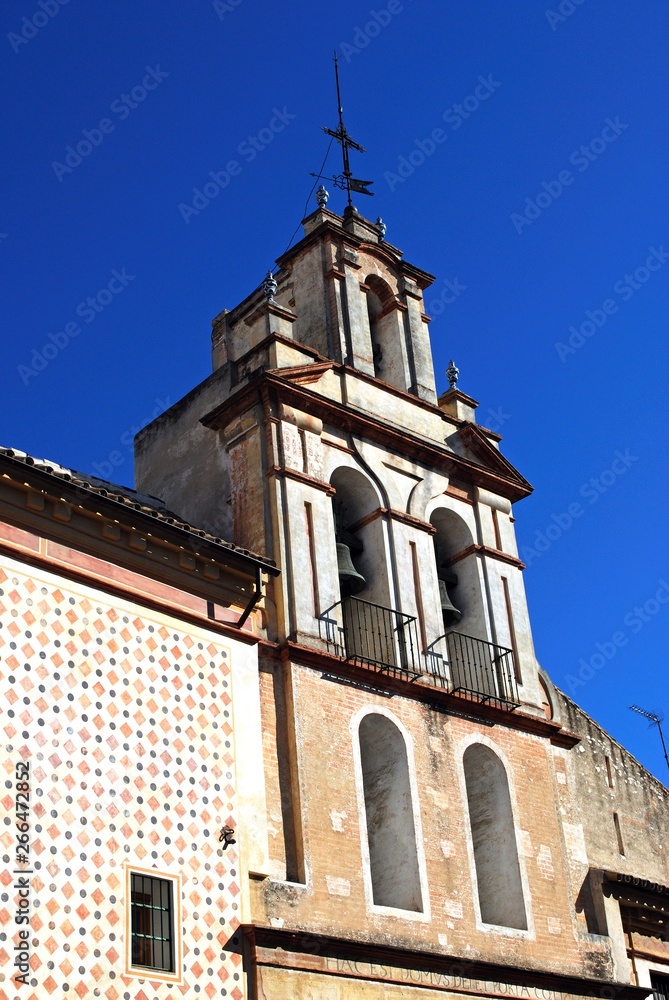 Santa Maria la Blanca church bell tower in Santa Cruz district., Seville, Spain.