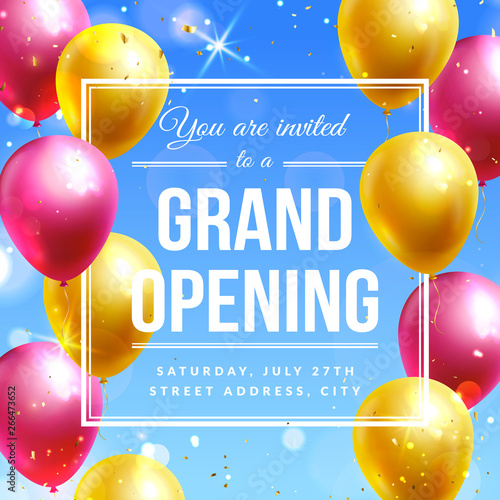 Grand opening invitation banner with colorful balloons. Vector.