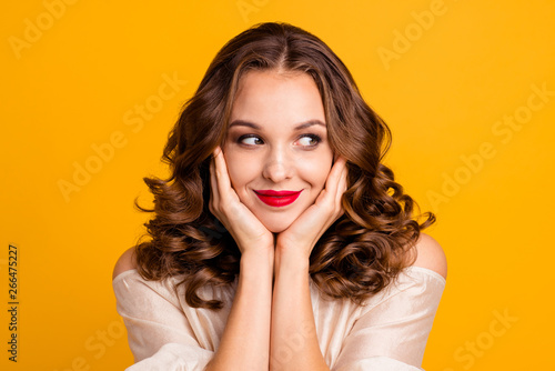 Close up photo of calm lovely charming pretty lady feel satisfied content glad touch cheek face palms look have plans decide isolated on colorful background dressed in light off-shoulders