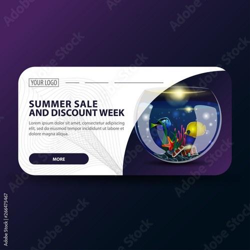 Summer sale and discount week, horizontal banner with modern design and round aquarium with fish