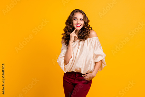 Portrait of her she nice-looking well-groomed attractive stunning fascinating winsome shy cheerful cheery wavy-haired girl touching chin isolated over bright vivid shine yellow background