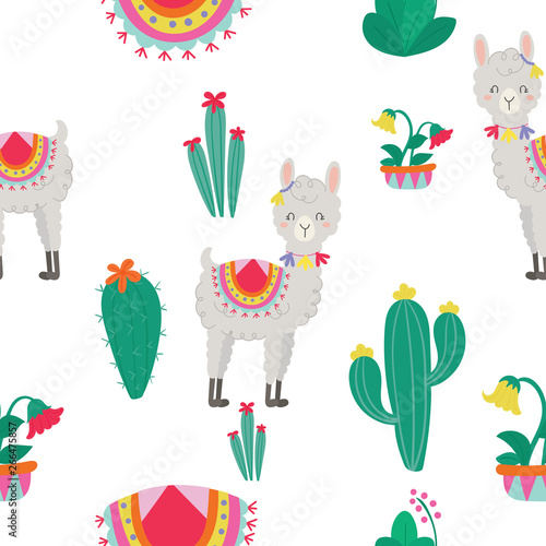 Seamless pattern with cute Alpacas and Cactus. - Vector