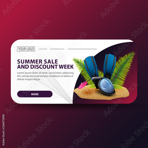 Summer sale and discount week, horizontal banner with modern design, diving mask, fins and palm leaves
