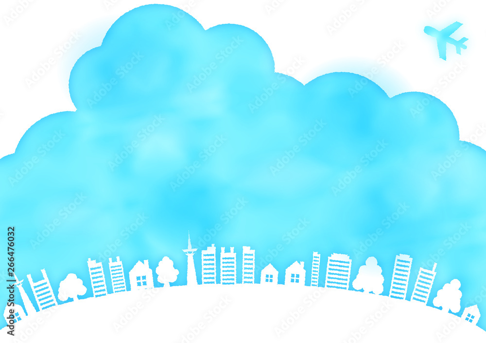 Obraz Rama stylu akwarela z błękitne niebo, samolot, drzewo i dom