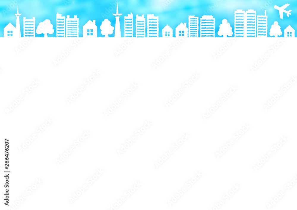 青空と飛行機と木と家の水彩風フレーム枠