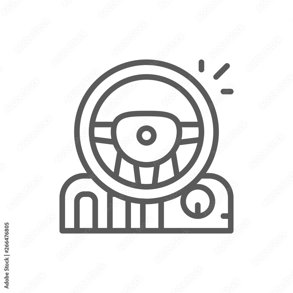 Game steering wheel with pedals and gearbox line icon. Game steering wheel with pedals and gearbox line icon.