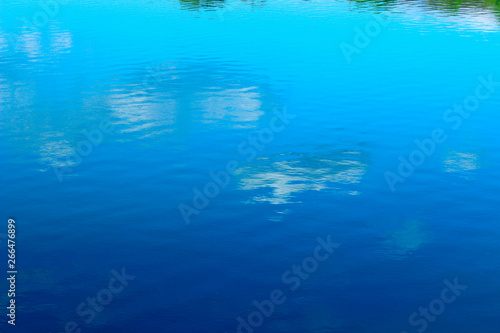 Cropped Shot Of A Calm Water. Blue Sky And White Clouds Reflection On The Water. 