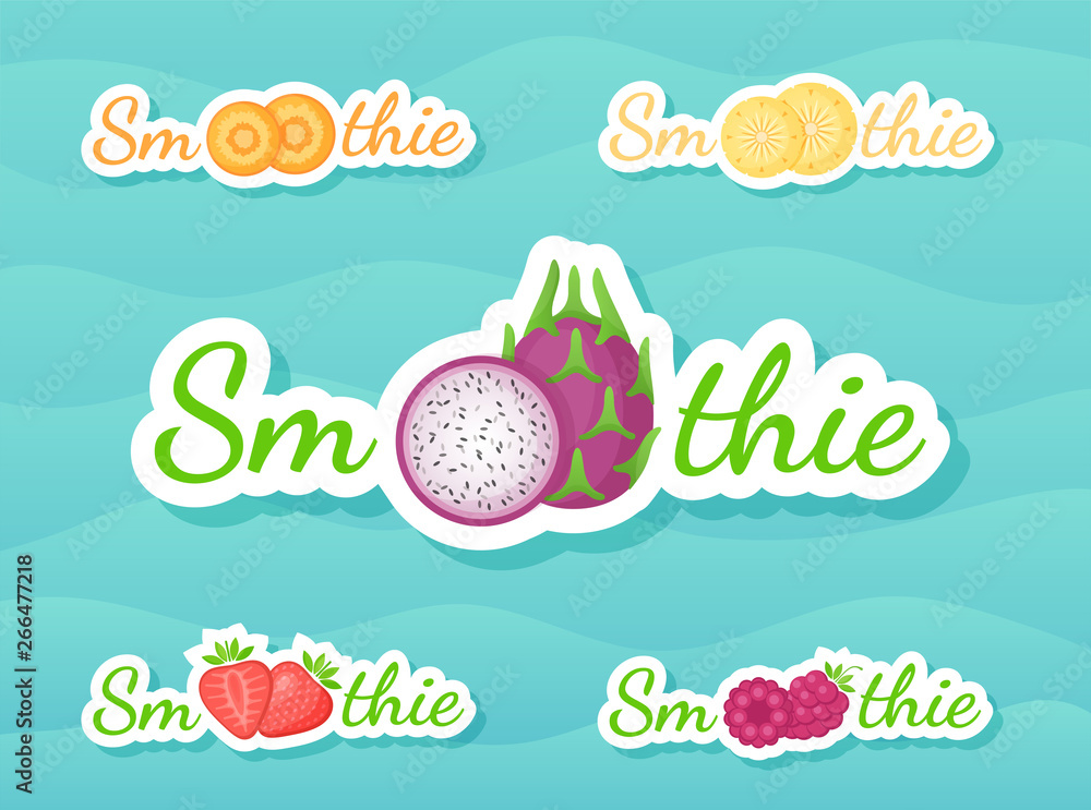 Slice fruit smoothie drink sticker logo set vector illustration. Fresh vegetarian smoothies drink sticker with fruits and tag Smoothie for decoration emblem, sale offer banner or promo graphic poster