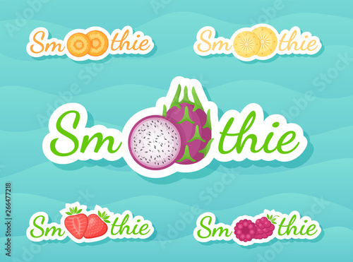 Slice fruit smoothie drink sticker logo set vector illustration. Fresh vegetarian smoothies drink sticker with fruits and tag Smoothie for decoration emblem, sale offer banner or promo graphic poster