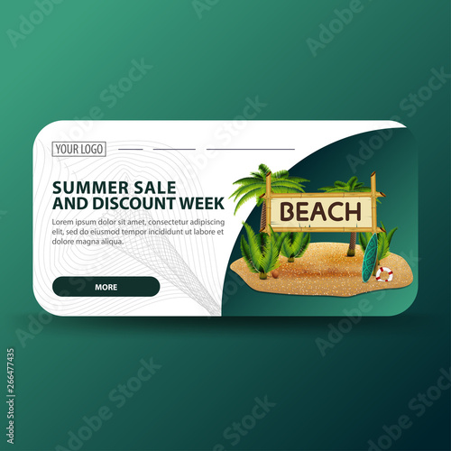 Summer sale and discount week, horizontal banner with modern design, coconut palms and bamboo sign with the inscription "beach"
