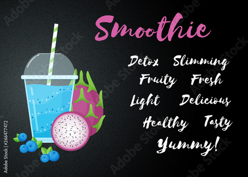 Blue smoothie fruit cocktail flat vector illustration. Big sign Smoothie on black background, glass and straw, filled with sweet tasty blueberry smoothies cocktail for natural restaurant food banner