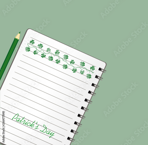 Notebook with template hand-drawn Green festive bunting with clover and pencil. Irish holiday - Happy St. Patrick's Day with a garland of three-leaf. Greeting card on holiday. Vector on wooden backgro