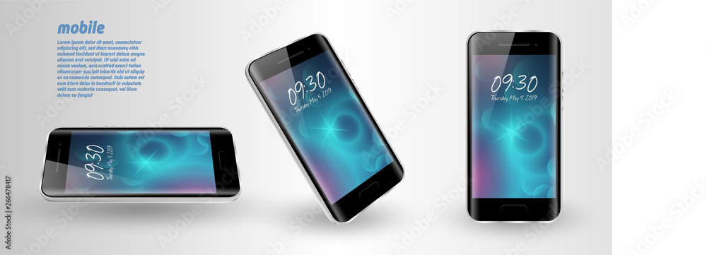 Mock up phone with blank screen. Isolated vector illustration. Black smartphone at different angles Mock up phone with blank screen. Isolated vector illustration. Black smartphone at different angles