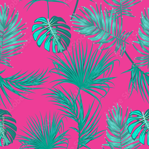 Tropical vector seamless pattern, green branches on pink background.