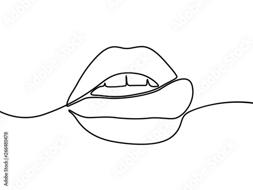 Open mouth, lips, tongue. Tongue licks upper lip. Continuous line drawing. Vector illustration.