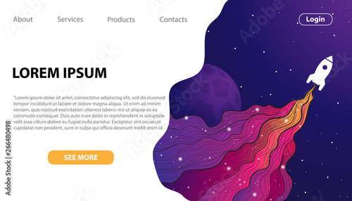 Vector web banner template with hand draw illustration of flying  silhouettes of rocket with colorful flowing wave with stars in deep space and moon or planet. Landing page template for your design