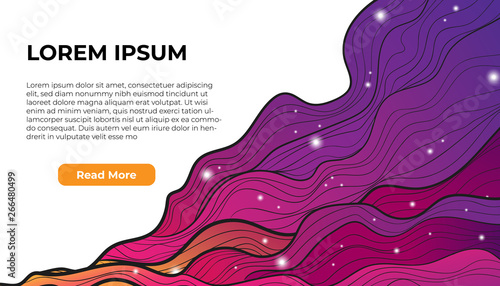 Vector web banner template with colorful cosmic hand draw flowing liquid wave with stars on white baclground. Landing page template for your business.