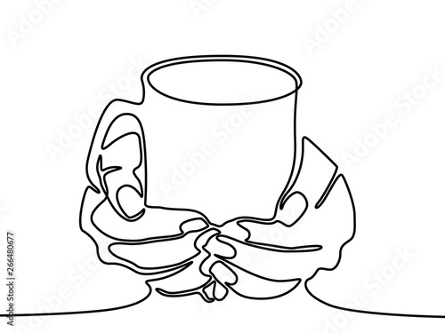 One line drawing Hand holding mug with tea or coffee.